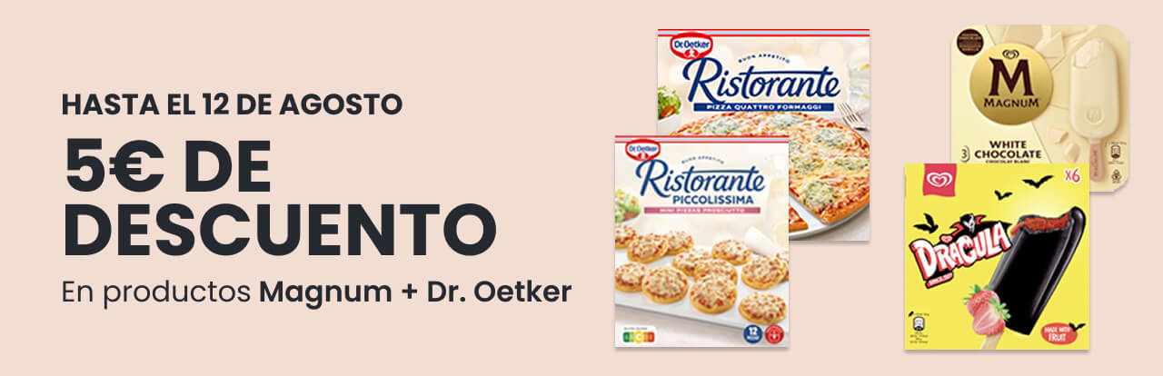 Hasta el 12 de agosto. 5€ de descuento. En productos Magnum + Dr. Oetker.